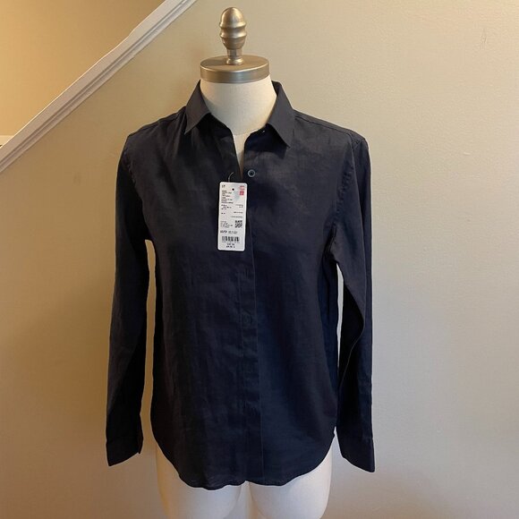 NWT Uniqlo Navy Linen Shirt - Picture 1 of 9